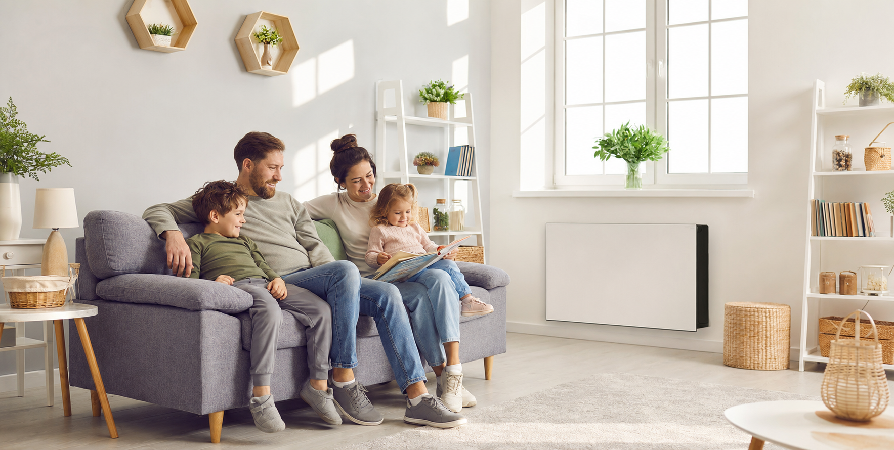 Family relaxing in a bright living room with a Valsir Ariosa DOT unit on the wall
